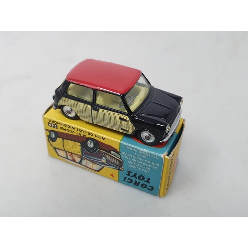 238 - A boxed Corgi Toys No.249 Mini-Cooper with de-luxe wickerwork, Nr M-M, box Ex plus