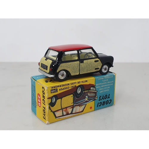 238 - A boxed Corgi Toys No.249 Mini-Cooper with de-luxe wickerwork, Nr M-M, box Ex plus