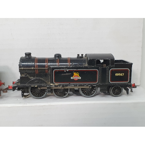 354 - Five unboxed Hornby Dublo 3-rail Locomotives including 0-6-2T in G.W.R. green livery (loose driving ... 