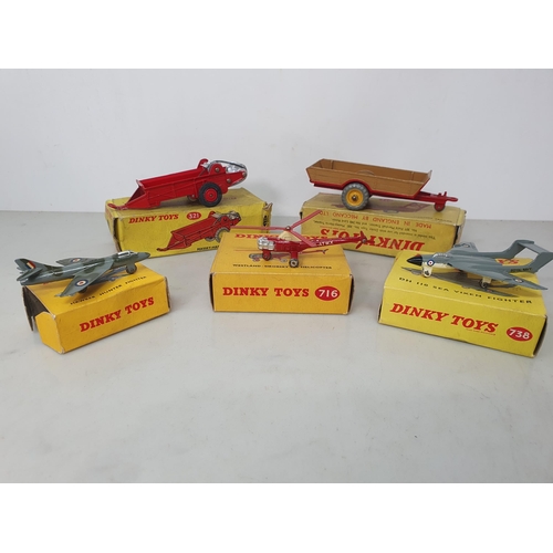 398 - A boxed Dinky Toys 738 DH110 Sea Vixen Fighter, No.736 Hawker Hunter Figher (box flap missing), No.7... 