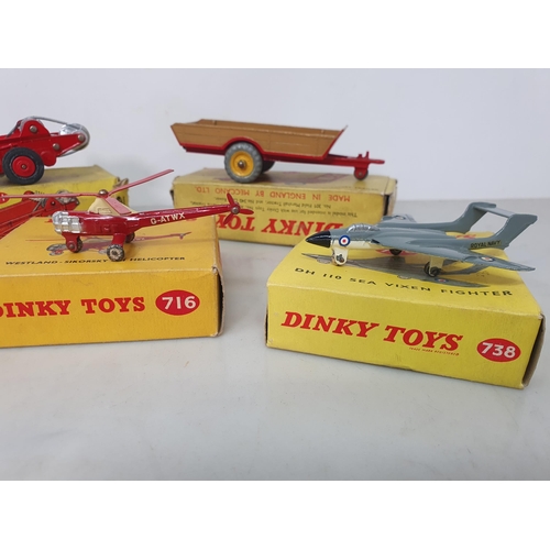 398 - A boxed Dinky Toys 738 DH110 Sea Vixen Fighter, No.736 Hawker Hunter Figher (box flap missing), No.7... 