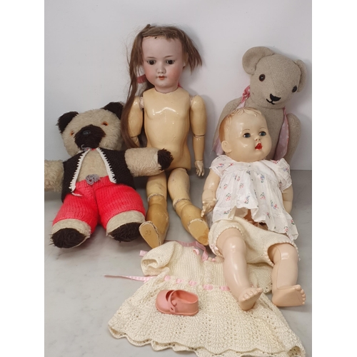 405 - An Armand Marseille 390 bisque headed Doll with sleeping brown eyes, a Mouse Soft Toy, a Teddy Bear,... 