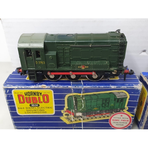 81 - Three boxed Hornby Dublo L30 Bo-Bo diesel Locomotive, No.3217 0-6-2T and No.3231 diesel Shunter