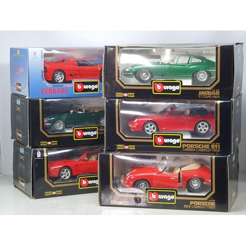 407 - Six boxed Burago 1/18 scale diecast Vehicles including Ferrari 456GT, Jaguar E-type Cabriolet, Porsc... 