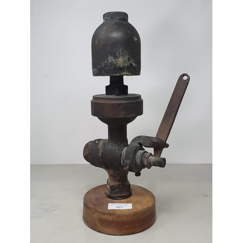 421 - A brass Steam Locomotive Whistle on wooden stand 14 1/2in H