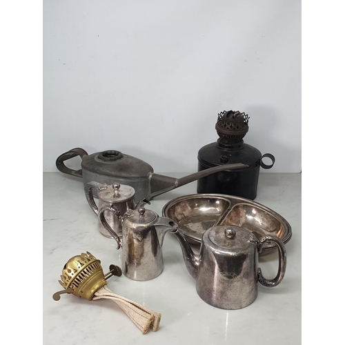 422 - Two LNER Teapots, two silver plated LNER two division Dishes, a BR Oil Can, another Tea Pot and an O... 