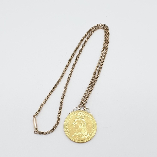 123 - A Victorian £2 double Sovereign 1887with soldered pendant mount of belcher chain stamped 9ct, approx... 