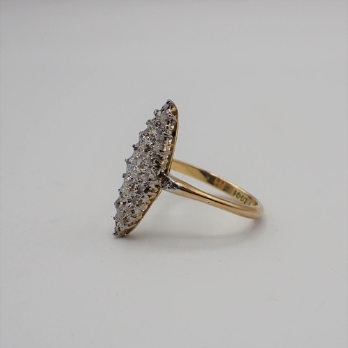 188 - A Diamond Ring pavé-set graduated old-cut stones to marquise plaque, stamped 18ct, ring size L 1/2, ... 