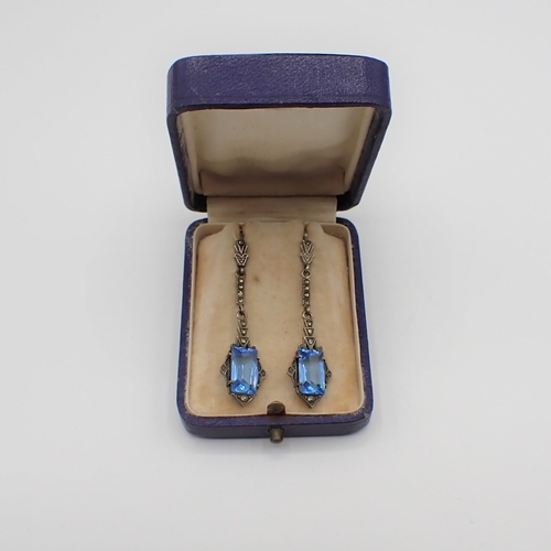 189 - A pair of Art Deco Ear Pendants set blue paste and marcasite