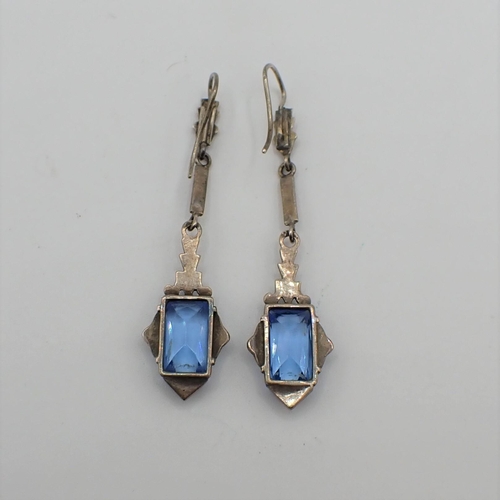 189 - A pair of Art Deco Ear Pendants set blue paste and marcasite