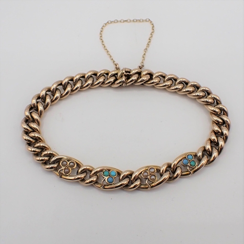 190 - A Victorian curb link Bracelet stamped 9ct, the front with trefoils set seed pearls and turquoise, a... 