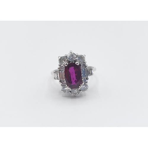 192 - An Art Deco style Ruby and Diamond Cluster Ring corner claw-set rectangular cushion-cut ruby, approx... 