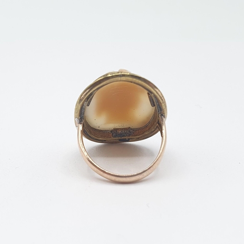 200 - A carved shell Cameo Ring of bust in profile, stamped 9ct, ring size G/H, approx 3.80gms