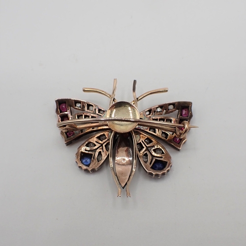 220 - A Sapphire, Ruby, Pearl and Diamond Butterfly Brooch with round sapphire and seed pearls to body and... 