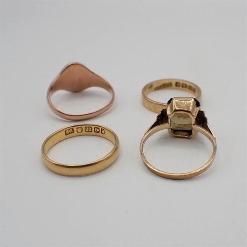 235 - A 22ct gold Wedding Band approx 2.40gms, an 18ct gold Wedding Band 2.50gms, a Signet Ring amd a Dres... 