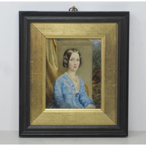 262 - ENGLISH SCHOOL CIRCA 1850. Portrait miniature of a Lady, half length, wearing a blue Dress, a pillar... 