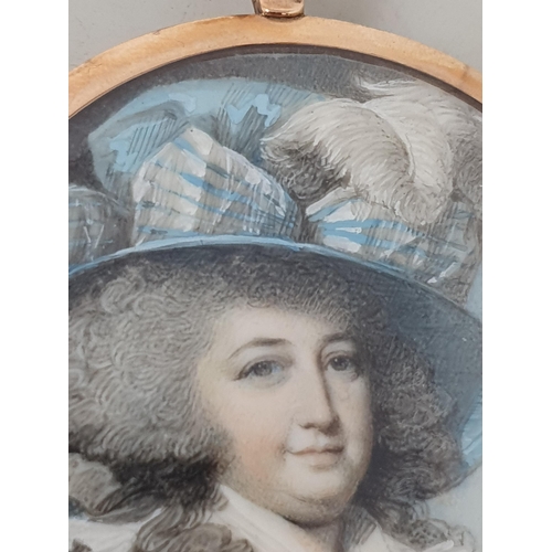 273 - ATTRIBUTED TO RICHARD COSWAY RA (1742-1821). Portrait miniature of a Lady, quarter-length, wearing a... 