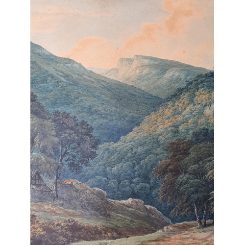 290 - JOHN GLOVER OWCS (1767-1849). An extensive wooded valley landscape with buildings under trees, water... 