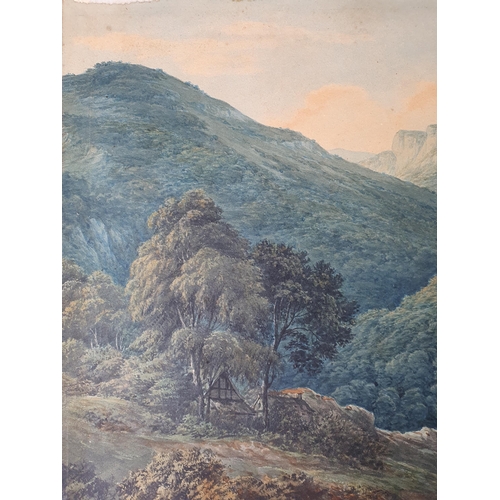 290 - JOHN GLOVER OWCS (1767-1849). An extensive wooded valley landscape with buildings under trees, water... 