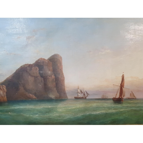 295 - JAMES HARRIS OF SWANSEA (1810-1887) Off Worms Head, oil on canvas, 24 x 42 1/2 in 

A comparable wor... 