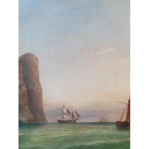 295 - JAMES HARRIS OF SWANSEA (1810-1887) Off Worms Head, oil on canvas, 24 x 42 1/2 in 

A comparable wor... 