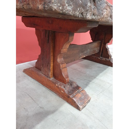 483 - An old rustic oak Refectory Table with very thick top on later trestle base with stout square suppor... 