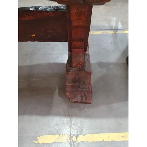 483 - An old rustic oak Refectory Table with very thick top on later trestle base with stout square suppor... 