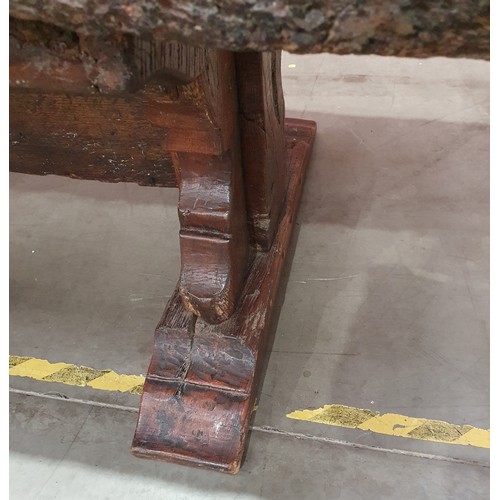 483 - An old rustic oak Refectory Table with very thick top on later trestle base with stout square suppor... 