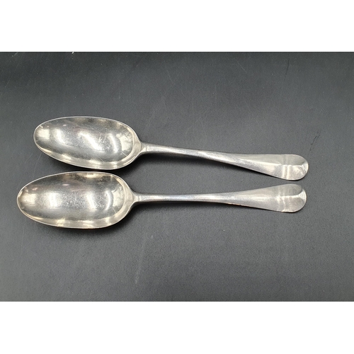 111 - A pair of George II silver bottom marked Table Spoons Hanoverian pattern engraved initials M.E, Lond... 