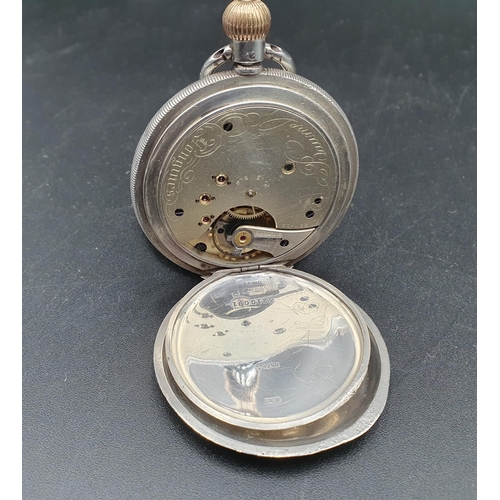 152 - A Baume Longines silver cased Hunter Pocket Watch with white enamel dial and subsidiary seconds dial... 