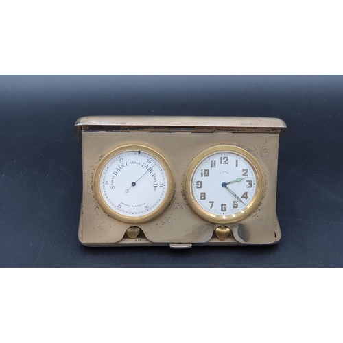 2 - A George V silver cased Travelling Clock and Aneroid Barometer with engine turning to the case, Lond... 