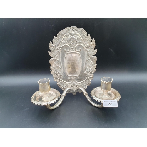 22 - An Elizabeth II silver two branch Wall Sconce inscribed 