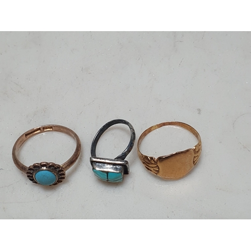 227 - A 9ct gold Signet Ring, a Turquoise Ring stamped 9ct A/F and a white metal Ring set turquoise