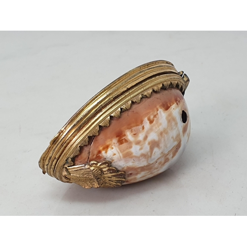 244 - An 18th Century Cowrie Shell box with gilded metal lid with relief design of Phoenix 3 1/4in L