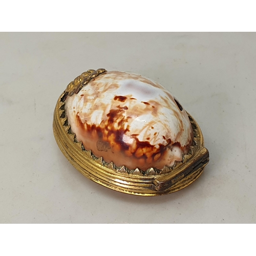 244 - An 18th Century Cowrie Shell box with gilded metal lid with relief design of Phoenix 3 1/4in L