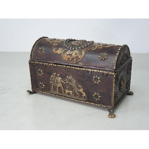 247 - An 18th Century Italian dome topped metal Casket with relief brass designs of Gladiatorial scenes an... 