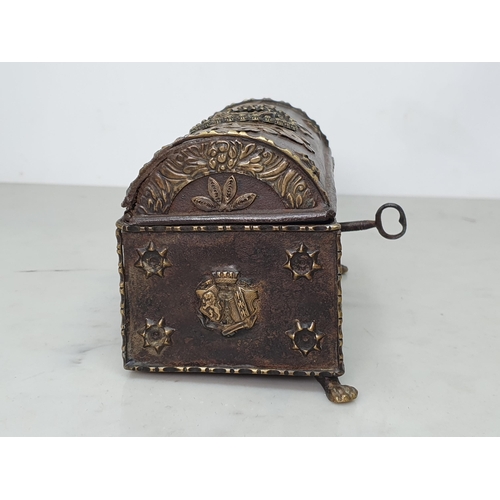 247 - An 18th Century Italian dome topped metal Casket with relief brass designs of Gladiatorial scenes an... 