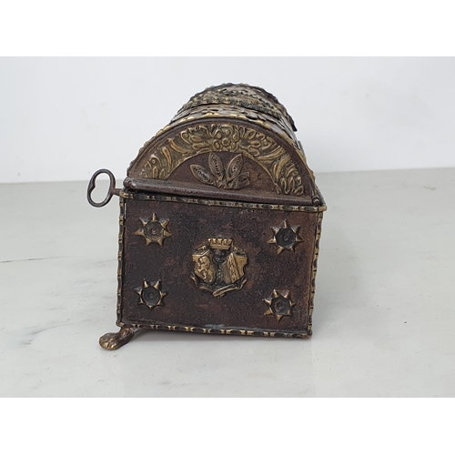 247 - An 18th Century Italian dome topped metal Casket with relief brass designs of Gladiatorial scenes an... 