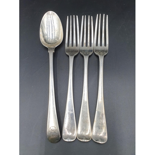 27 - Three George III silver Dinner Forks old english pattern engraved crests, London 1813 and a George I... 