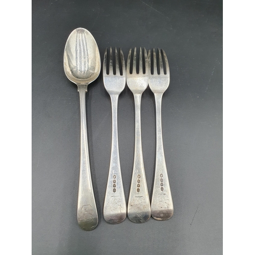 27 - Three George III silver Dinner Forks old english pattern engraved crests, London 1813 and a George I... 