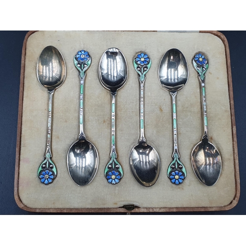 30 - Six Edward VIII silver and coloured enamel Coffee Spoons with floral stems, Birmingham 1936, maker: ... 