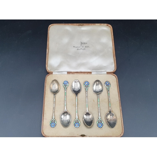 30 - Six Edward VIII silver and coloured enamel Coffee Spoons with floral stems, Birmingham 1936, maker: ... 