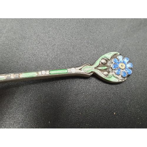 30 - Six Edward VIII silver and coloured enamel Coffee Spoons with floral stems, Birmingham 1936, maker: ... 