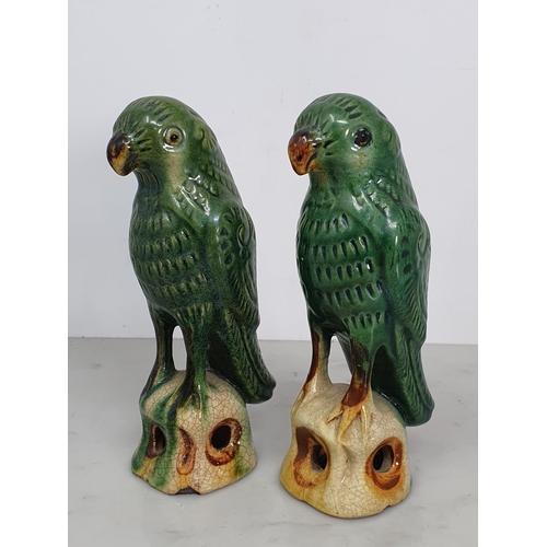 301 - A near pair of Chinese Sancai style green crackle glazed Parrots upon pierced tree stump supports, 6... 