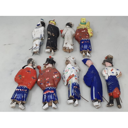 309 - Nine antique Chinese clay Dolls with moving heads dressed in traditional costume, some A/F 6in H app... 