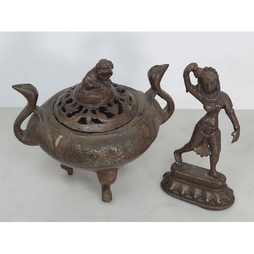 317 - A Chinese bronze two handled Censor the handles in the form of Bird heads, the pierced lid with Dog ... 