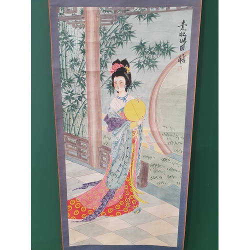 322 - A 20th Century Chinese Wall Hanging in watercolour depicting a standing Female in dress on a balcony... 