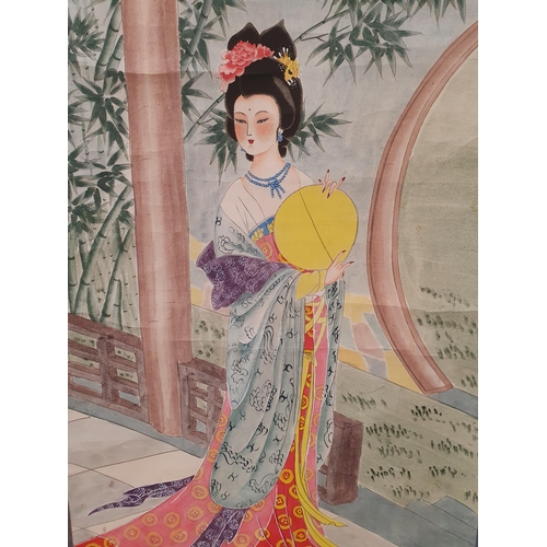 322 - A 20th Century Chinese Wall Hanging in watercolour depicting a standing Female in dress on a balcony... 