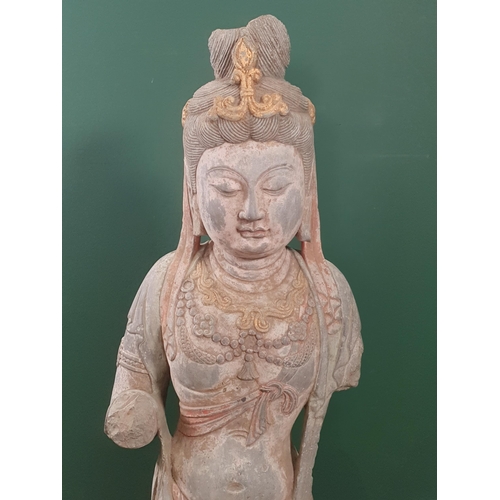 328 - A carved and painted heavy stone Sculpture of Buddha in robes, A/F, 2ft 11