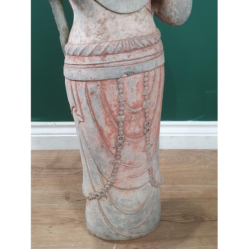 328 - A carved and painted heavy stone Sculpture of Buddha in robes, A/F, 2ft 11